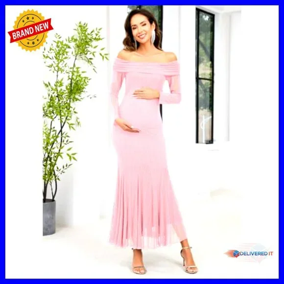 Maternity Mermaid Maxi Dress Off Shoulder Long Sleeve Sparkly Special Occasion